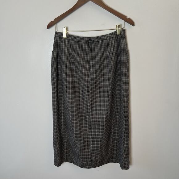 Women's Houndstooth Pencil Skirt Wool Silk Sz L 12 Brown Academia Preppy Office - Picture 2 of 8